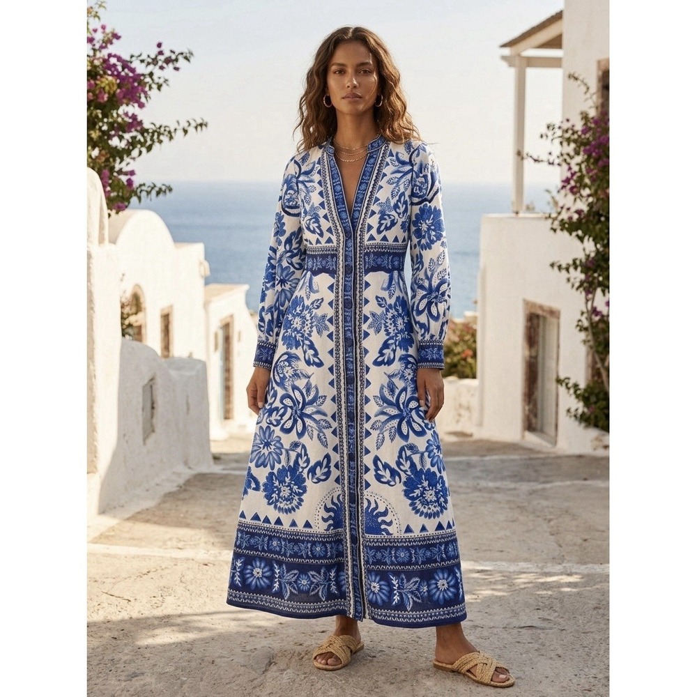 NWT CAROLINE CONSTAS Linen Blend Button Up Midi Dress Sz Small